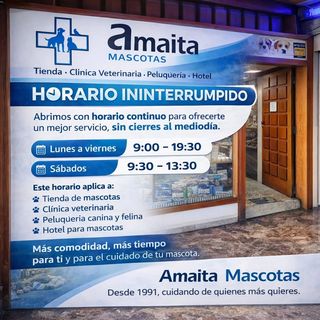 Fachada de Amaita Mascotas en Irún con su horario ininterrumpido
